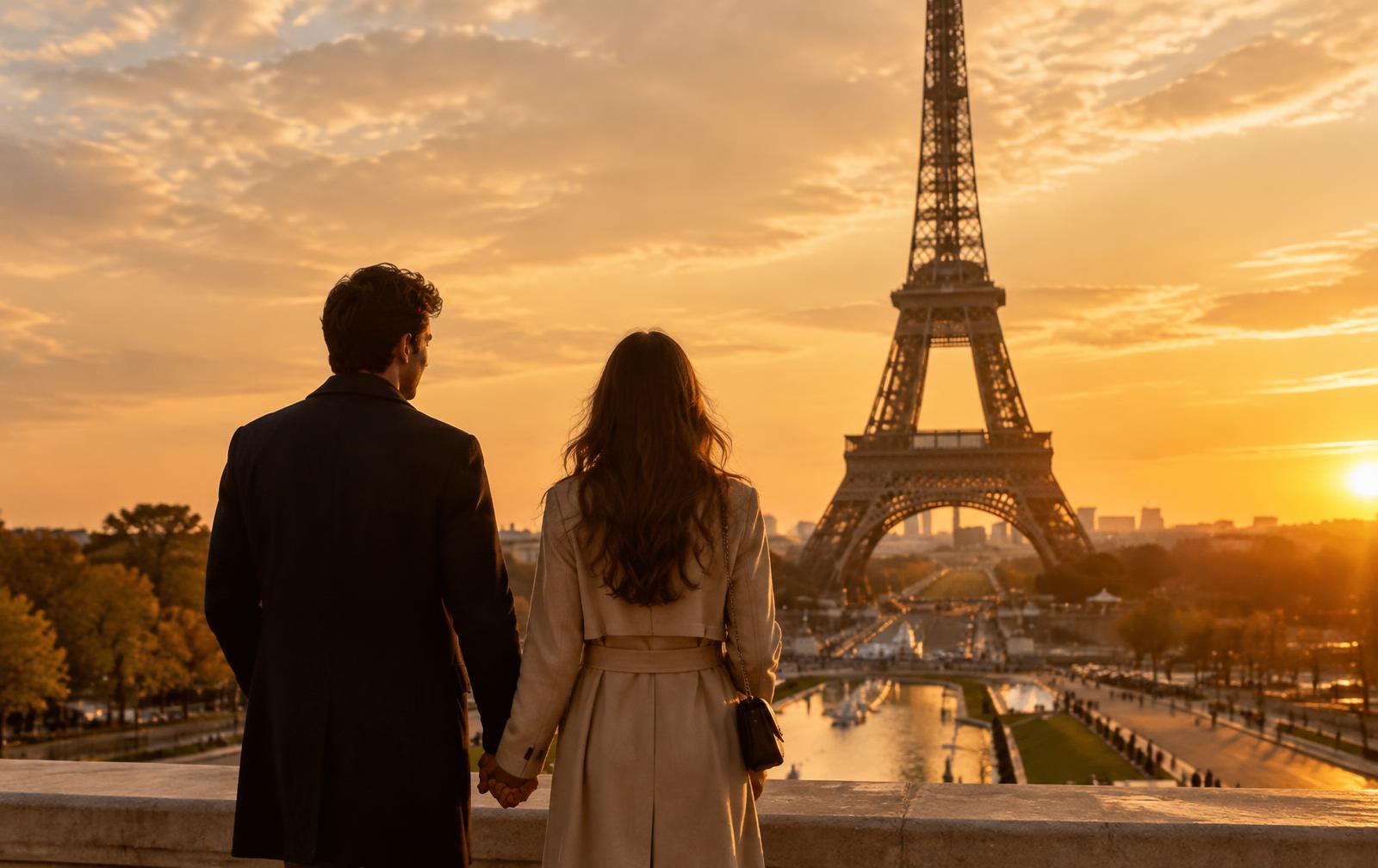 Imagem ilustrativa: casal de costas admirando a Torre Eiffel ao pôr do sol
